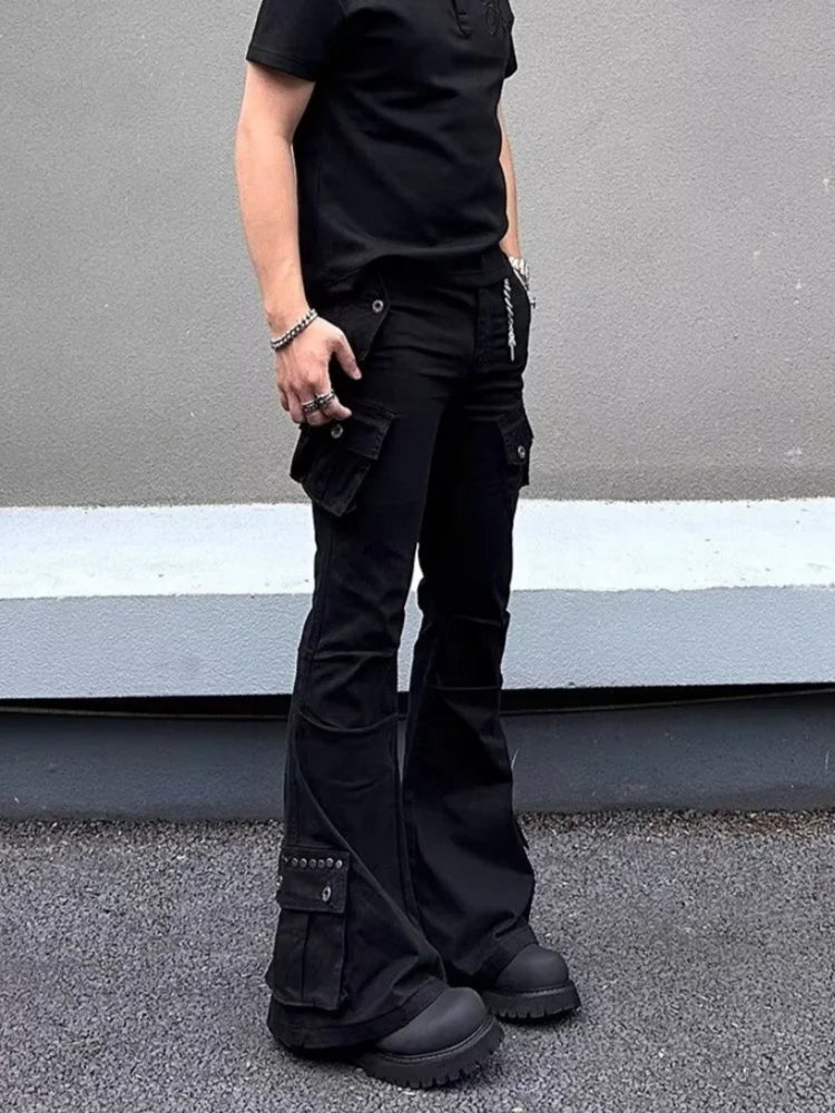 Multi Pockets Black Slim Flared Jeans