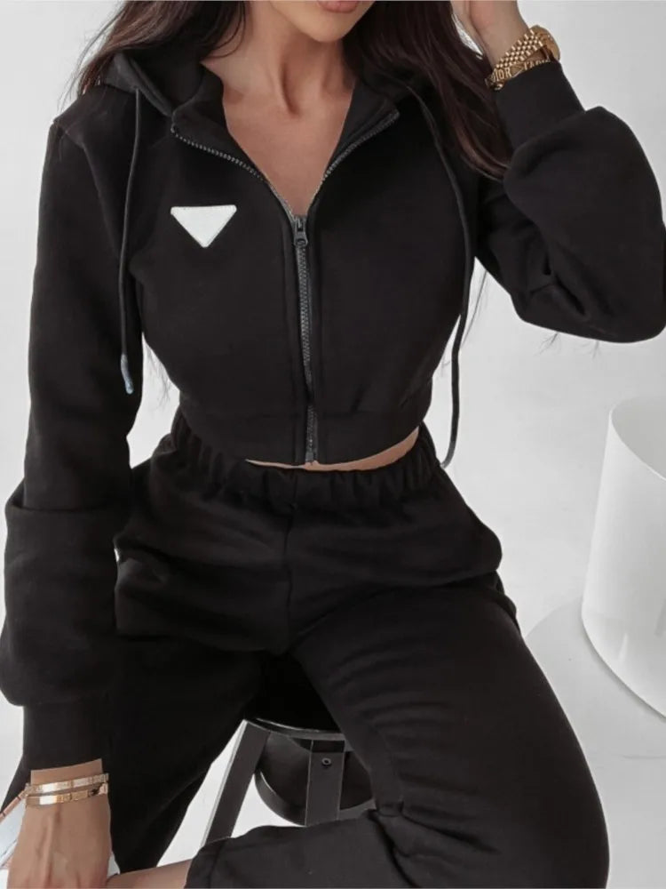 Women's Solid Color Spring Autumn Hooded Pullover Pants Set