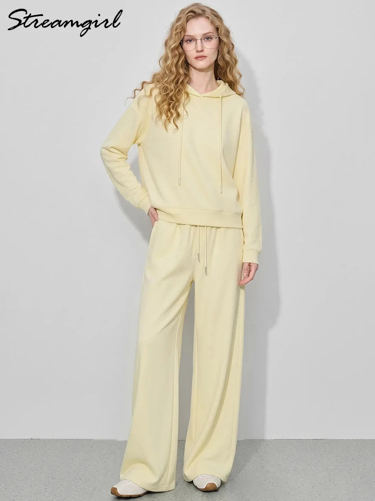 Women's Tracksuit Wide Leg Sweatpants And Hoodies Set Butter Yellow Plain 2 Pieces Pants Set For Women Joggers And Hoodie Set