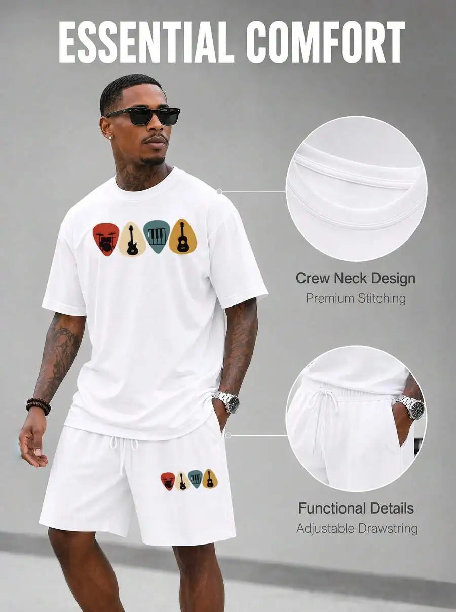 Men S 2 Piece Oversized T-Shirt Shorts Set Musical Instrument Pi Graphic Streetwear Casual Outfit