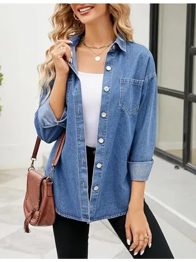 New Washed Loose Long-sleeved Denim Shirts for European American Women, Spring and Autumn Fashionable Four-button Shirt Jackets