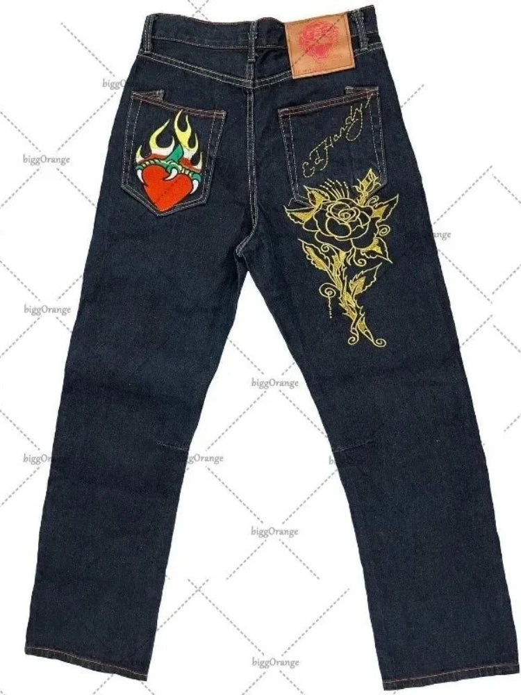 Straight Leg Denim Pants Skull Rose Flame