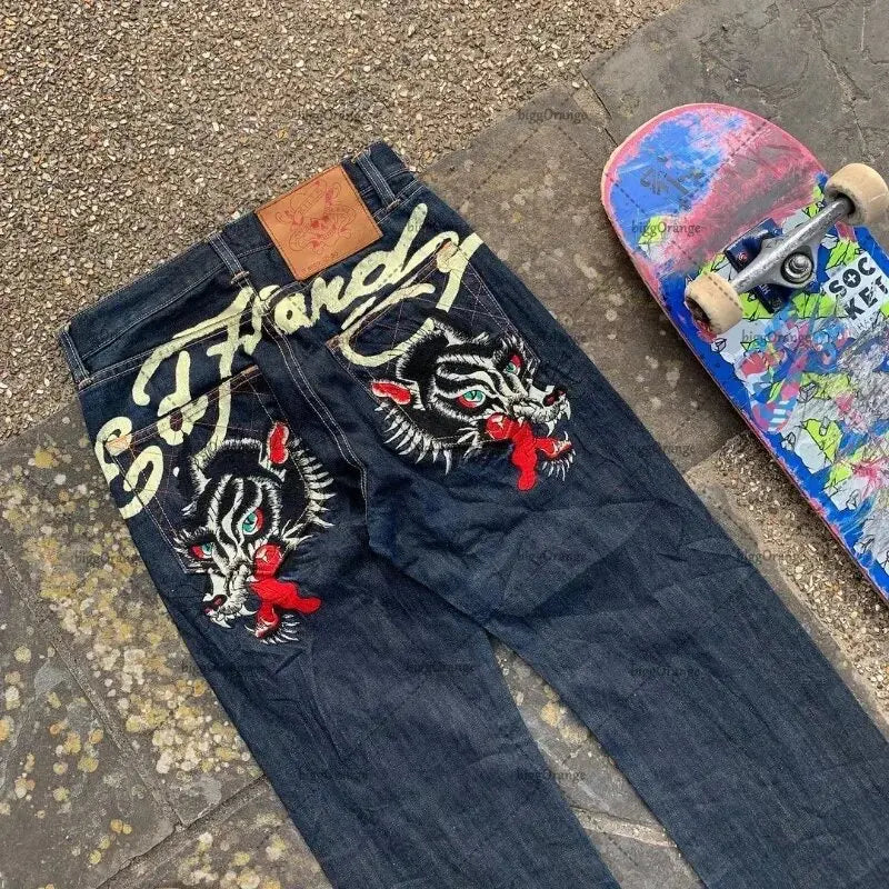Straight Leg Denim Pants Skull Rose Flame