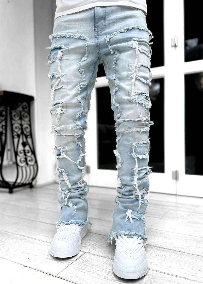 Patchwork Denim Layered Flared Pants