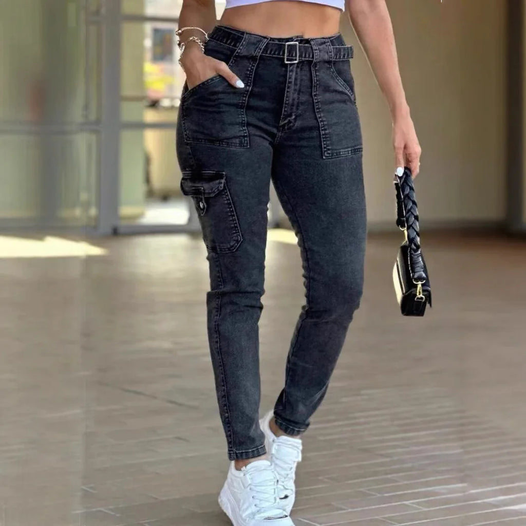 Europe and The United States Foreign Trade New Belt Women's Classic Sexy Tight Small Foot Pants High Spring Washed Cargo Jeans