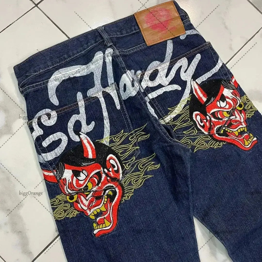Straight Leg Denim Pants Skull Rose Flame