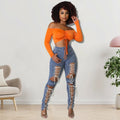 Street Personality Corns Rope Sexy High-wasit Jeans. Ladies Summer Fashion Comfortable Casual Washed Denim Small Leg Pants Women