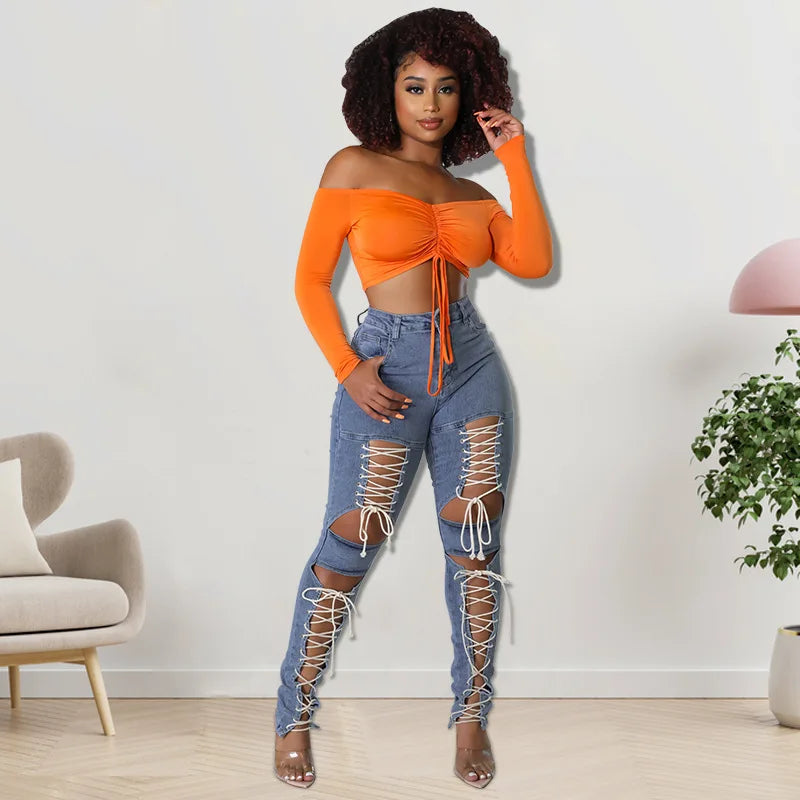 Street Personality Corns Rope Sexy High-wasit Jeans. Ladies Summer Fashion Comfortable Casual Washed Denim Small Leg Pants Women