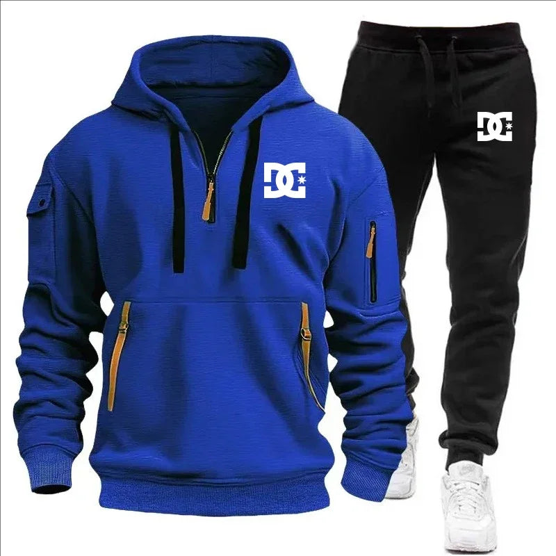 2Pcs Fleece Lined Outfit Autumn Winter Half Zip Hooded Sweatshirt High Waist Jogger Pants With Zipper Pockets Set