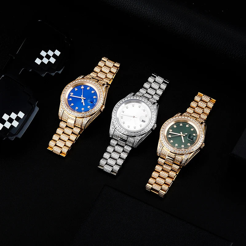 Rolex Style  Date Quartz Watch Waterproof Watches Iced  Out Stone Paved Bling Iced Out Stainless Steel Watch for Men Charm Jewelry