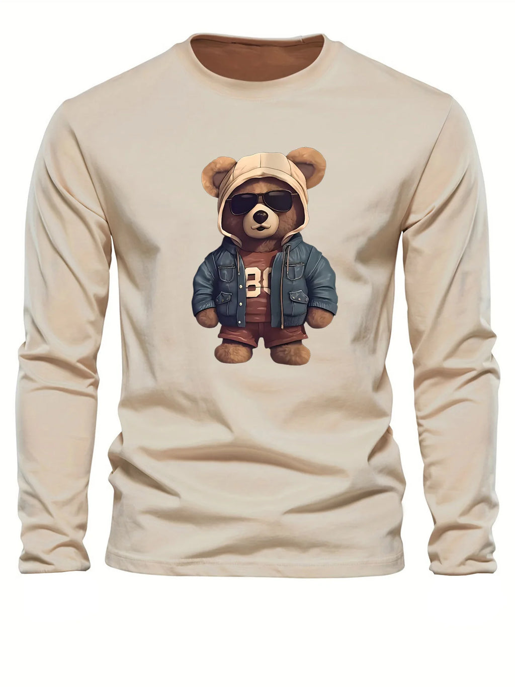Men's casual long sleeved round neck loose bear pattern printed autumn and winter T-shirt top versatile