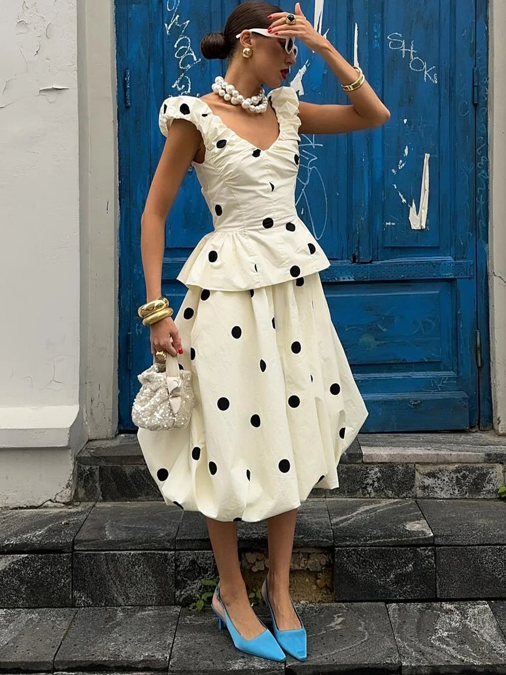 Women 2 Piece Polka Dot Dress Set French Vintage V Neck Ruffle Peplum Top High Waist Flare Midi Skirt Elegant Party Outfits