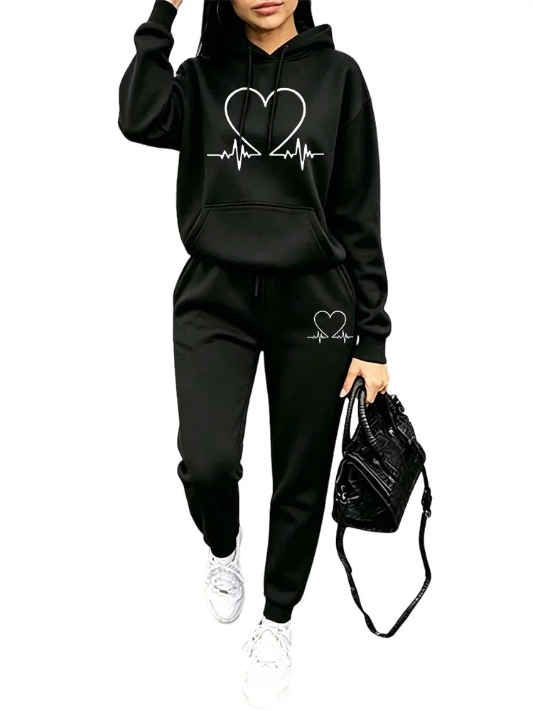 2026 New Arrival Women's Tracksuit Hoodie and Sweatpants Heart Printed Hooded Outfit Fall Winter Daily Casual Sports Jogger Suit