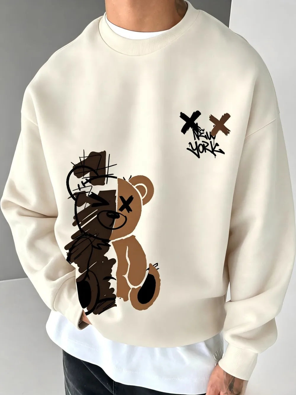 American men's autumn spliced teddy bear letter print soft and comfortable round neck long sleeved T-shirt outdoor casual top