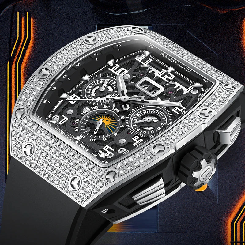 Men Automatic Mechanical Watch Stainless Steel Skeleton Dial Sapphire Glass Waterproof Luxury Moissanite Wristwatch