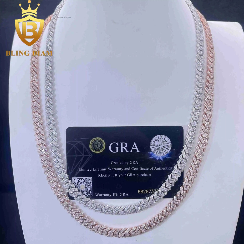 8mm  2 Rows Moissanite Miami Rose Gold Cuban Link Chain 925 Sterling Silver Necklace