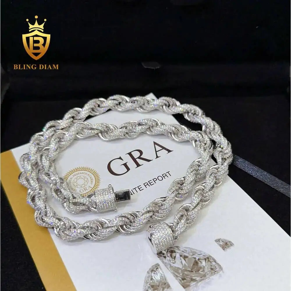 .925 Strerling Silver Iced Out 10mm Rope Chain