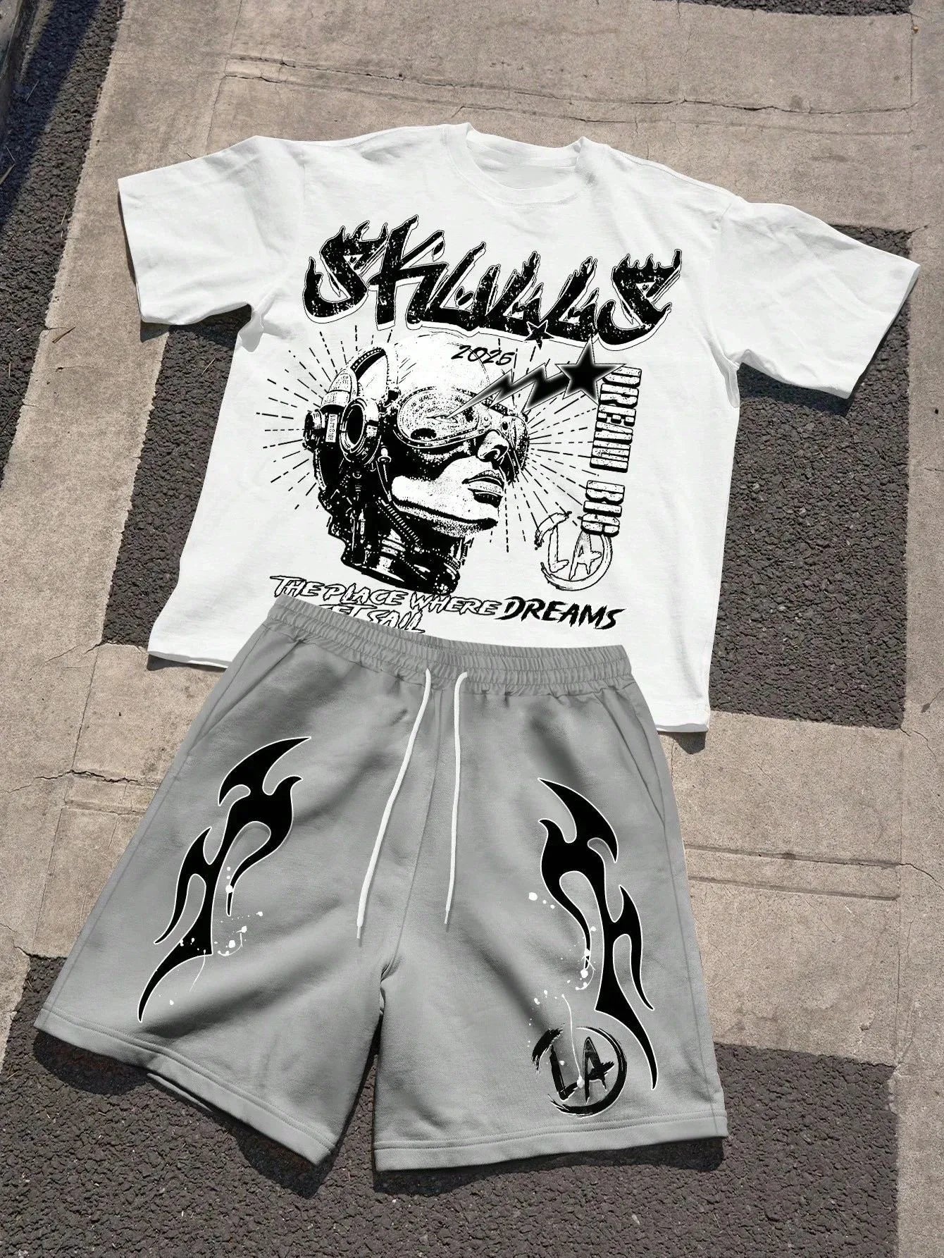 Men's Short-Sleeved Shorts Set with 3D Letter Pattern Printing - Street Casual Fashion Comfortable and Soft