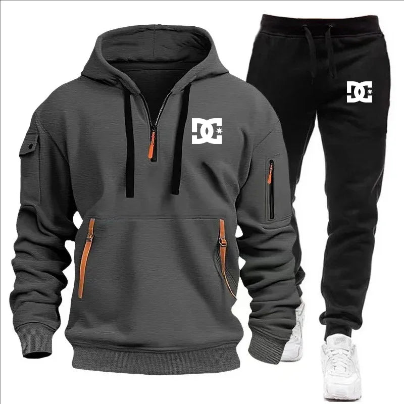 2Pcs Fleece Lined Outfit Autumn Winter Half Zip Hooded Sweatshirt High Waist Jogger Pants With Zipper Pockets Set