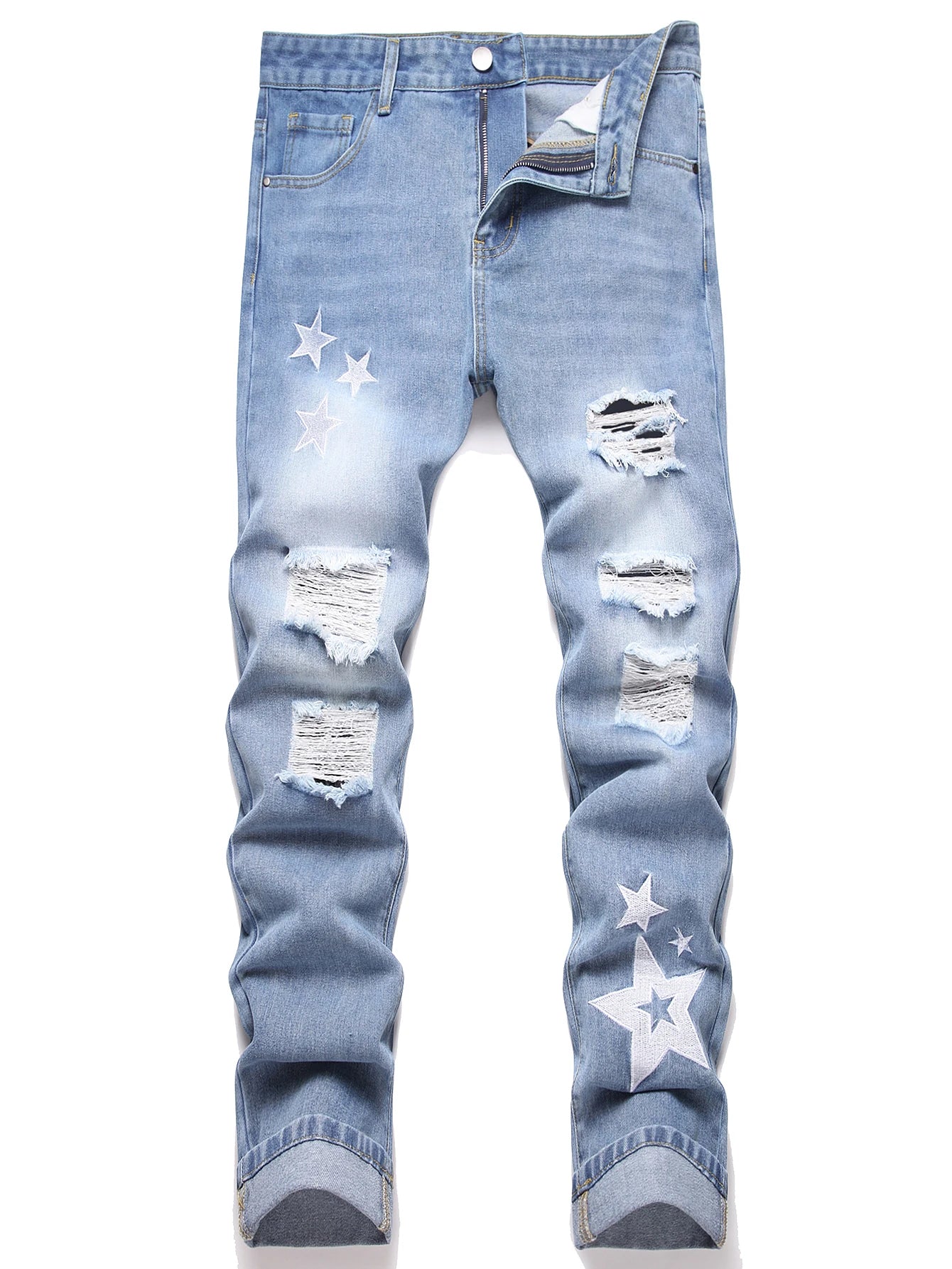Men's Jeans - Distressed Rips & Embroidered Star Design