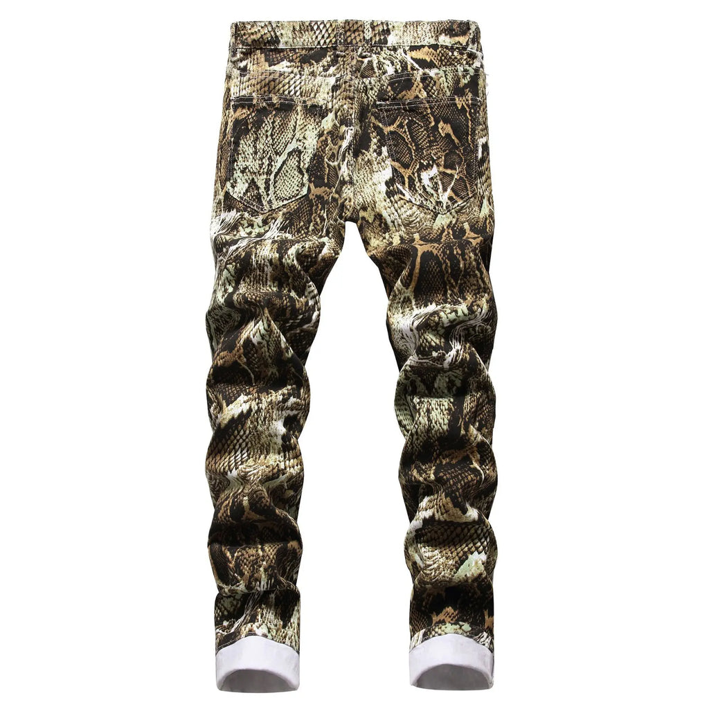 Men Printed Snakeskin Pencil Pants Slim Fit Colored Stretch Mid Waist Washed Denim Ankle Length Trousers