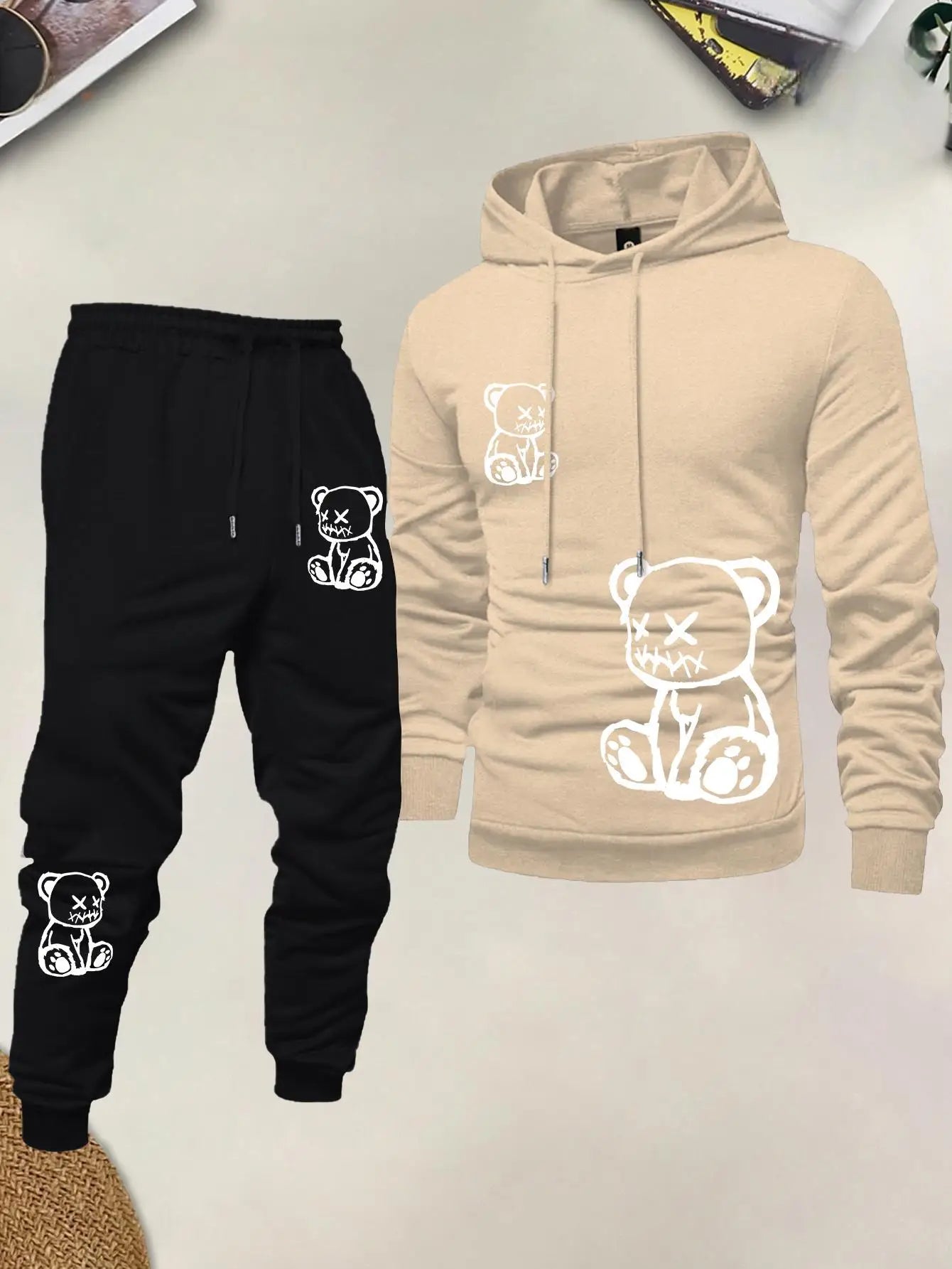 New Style Street Casual Fashion Comfortable Soft 3D Bear Pattern Printed Men's Hooded Sweatshirt Set