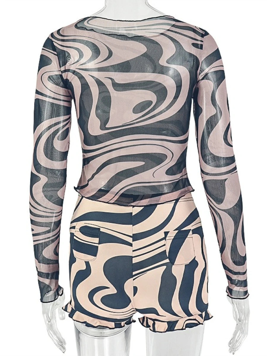 Foamlina Women 2 Piece Outfit Striped Print Sheer Mesh Long Sleeve Top Ruffled Shorts Set Summer Club Party Matching Tracksuit