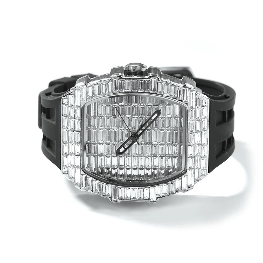 Full Iced Out Baguette Stones Square Watch With Silicone Strap