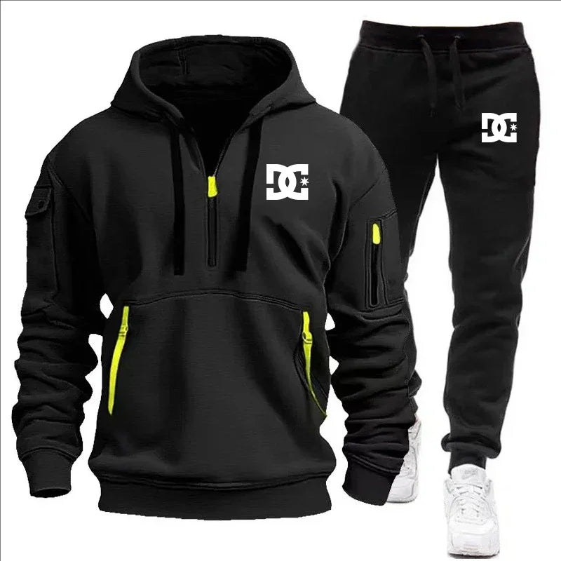 2Pcs Fleece Lined Outfit Autumn Winter Half Zip Hooded Sweatshirt High Waist Jogger Pants With Zipper Pockets Set