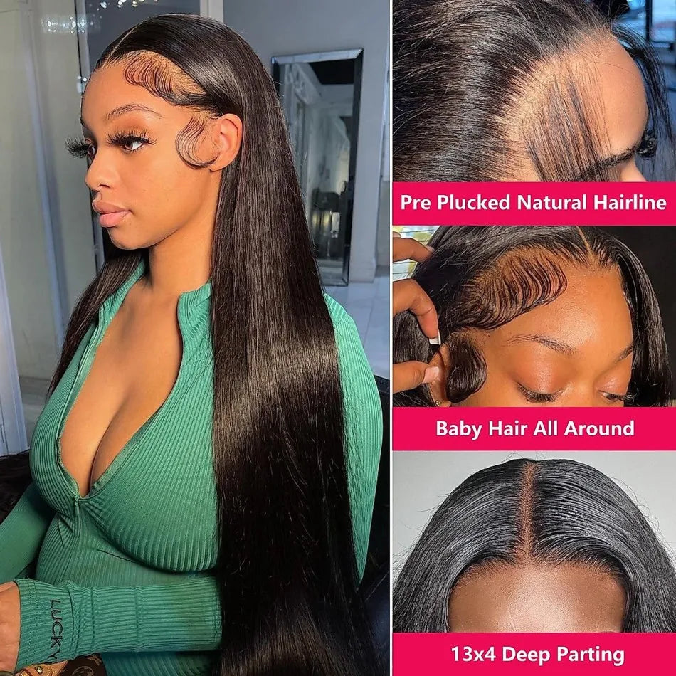 16in-38in Straight Human Hair Wigs Glueless 13X6 HD Transparent Lace Front Wig