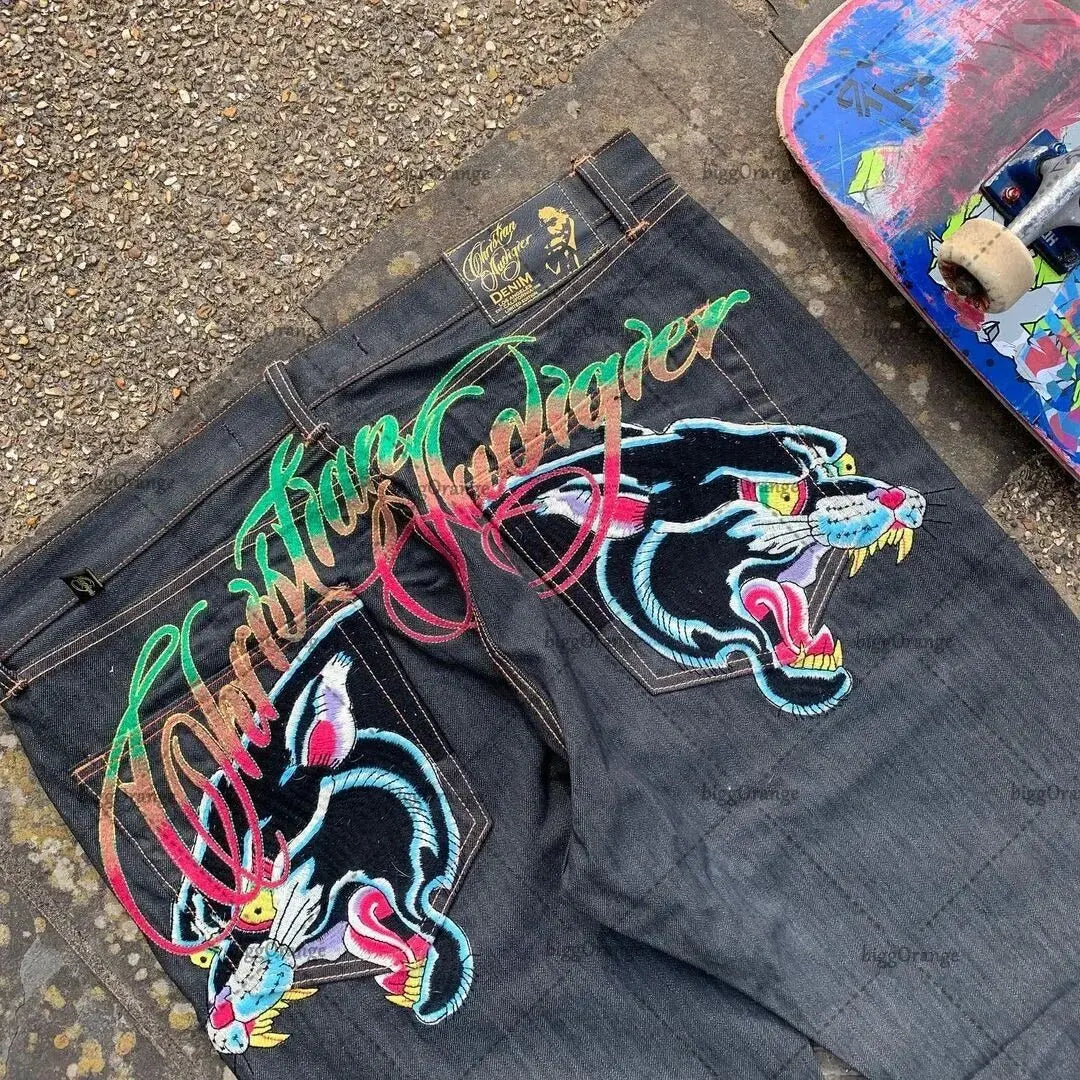 Straight Leg Denim Pants Skull Rose Flame