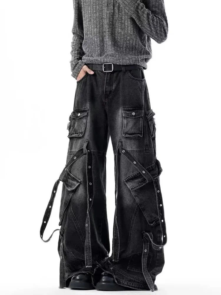 Punk Y2K Style Multi Pockets Washed Black Baggy Cargo Jeans Pants For Men Clothing Wide Leg New Rock Luxury Long Trousers