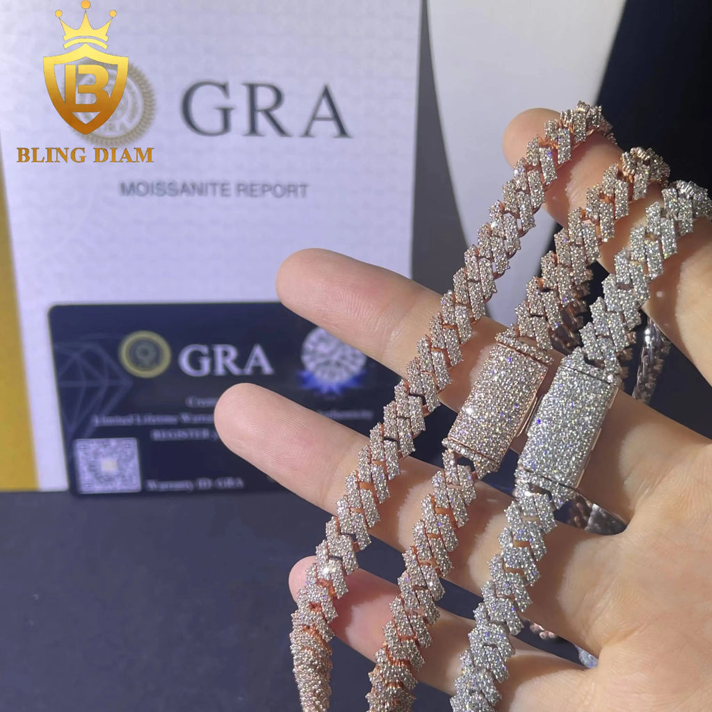 8mm  2 Rows Moissanite Miami Rose Gold Cuban Link Chain 925 Sterling Silver Necklace