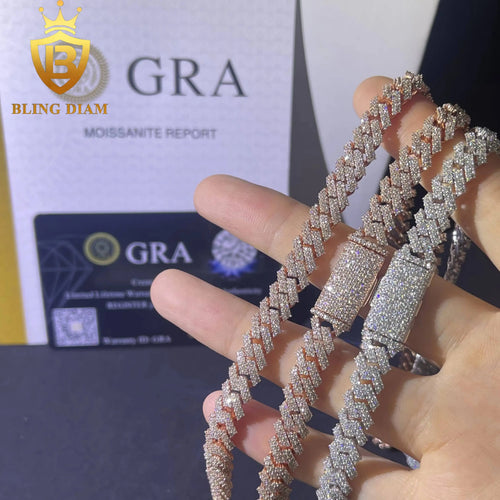 8mm  2 Rows Moissanite Miami Rose Gold Cuban Link Chain 925 Sterling Silver Necklace