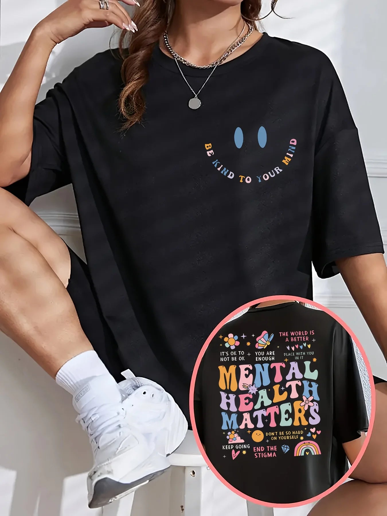 Mental Health Matters Women's Tee - Positive Graphic, Casual Black Oversized Top