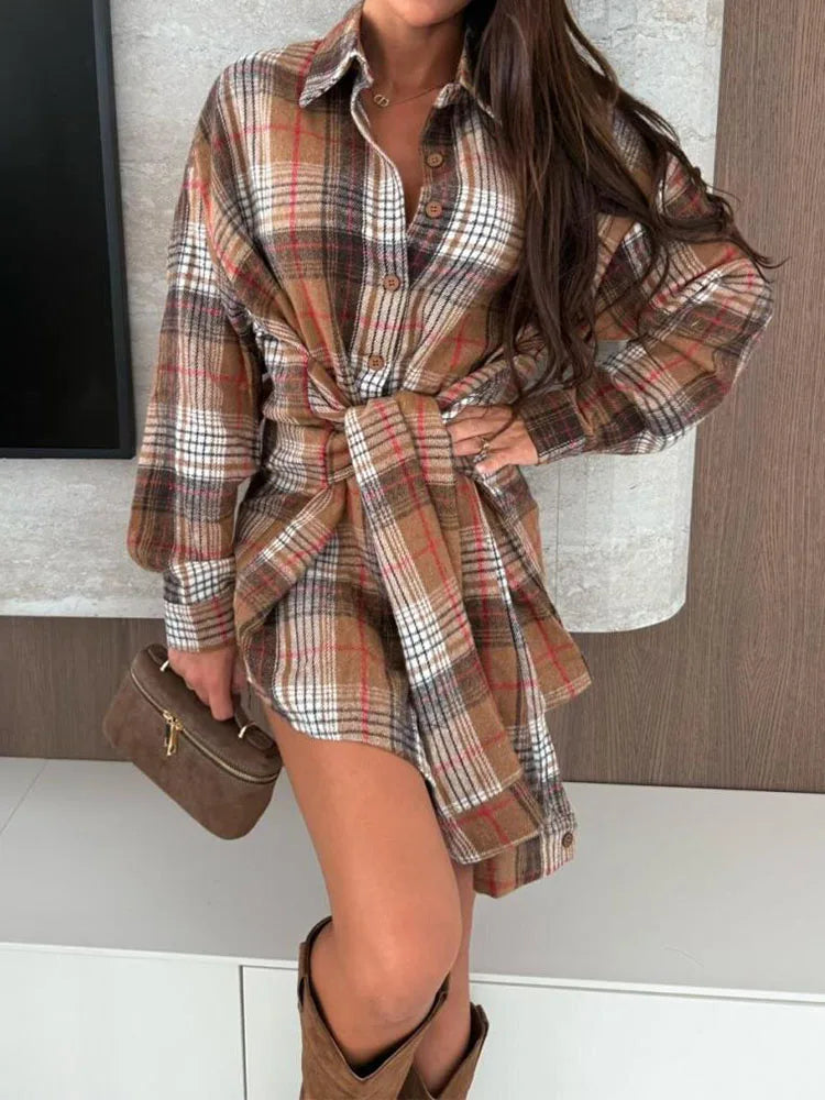 Women's long lace up spring and autumn new style checkered shirt with lapel button and long sleeved urban commuting style shirt