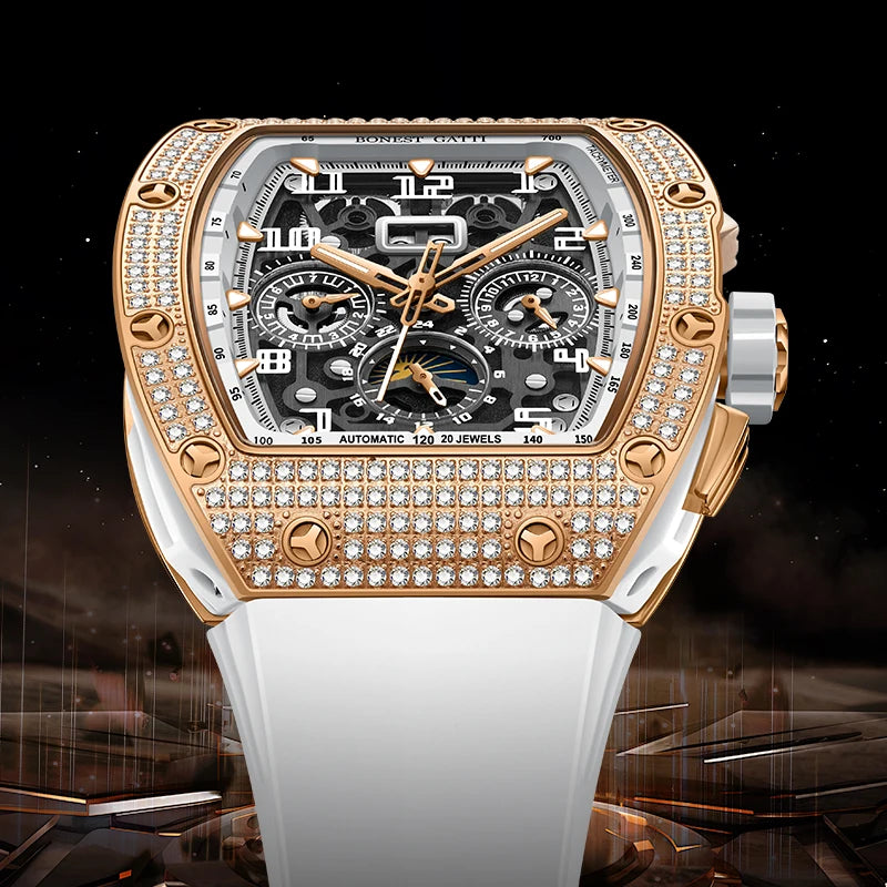 Men Automatic Mechanical Watch Stainless Steel Skeleton Dial Sapphire Glass Waterproof Luxury Moissanite Wristwatch