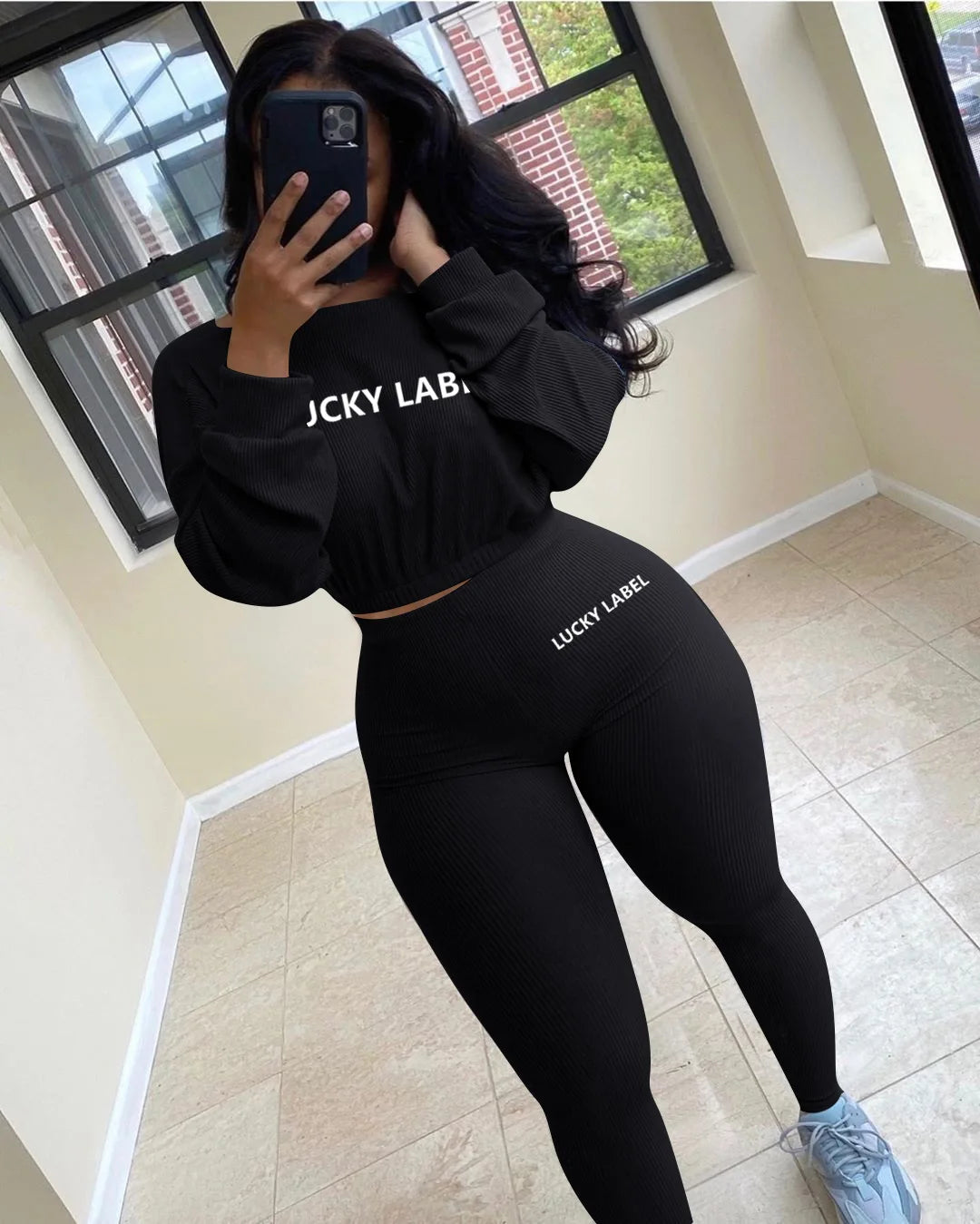 Two Piece Ribbed Tracksuits Fall Spring Long Sleeve Sweatshirt and Skinny Pants Set