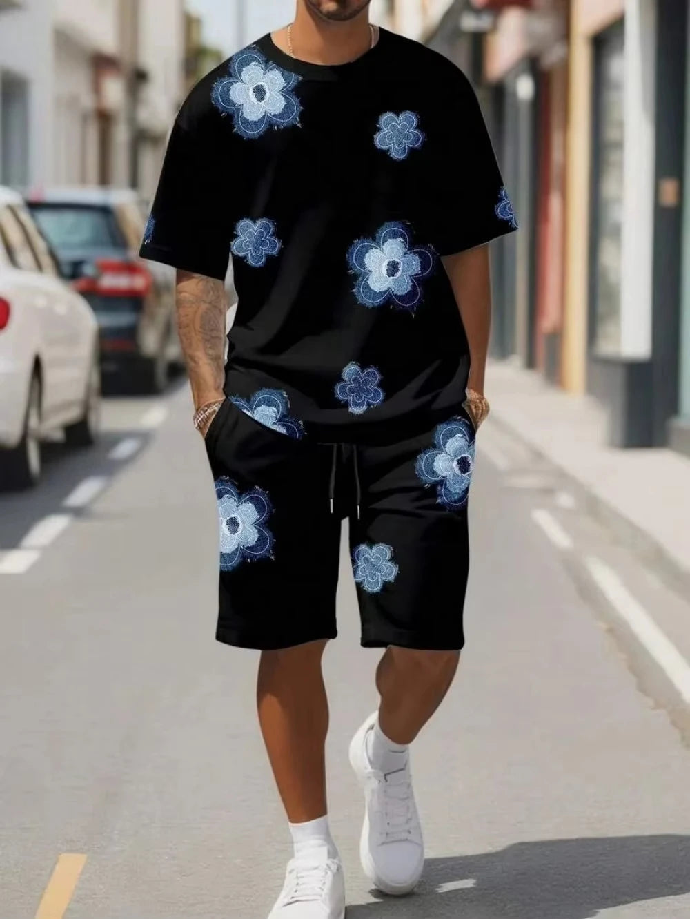 Men's Retro Minimalist Printed Street Fashion T-shirt and Shorts Set  Sports and Casual Breathable Quick Drying Set