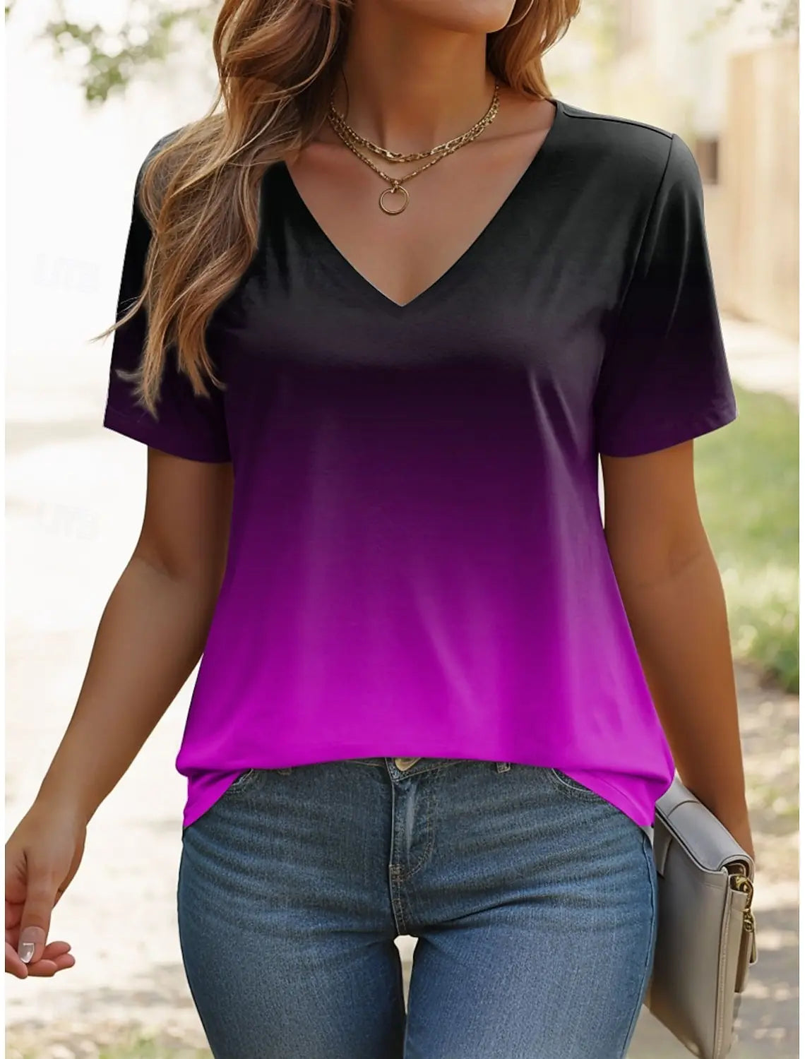 Women's T Shirt Ombre Graphic Stylish Casual Short Sleeve V Neck Regular Tops Daily Print Summer Gradient Women Fashion Tees