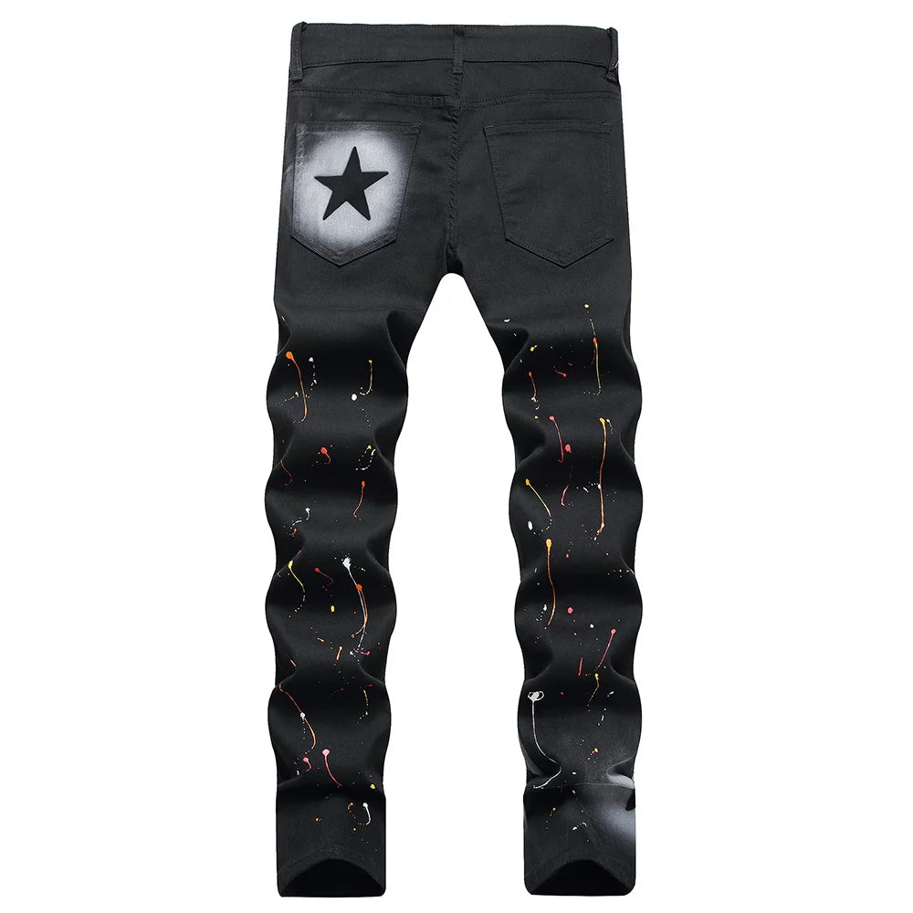 Men Star Painted Denim Jeans Casual Graffiti Print Slim Straight Pants Black Stretch Cotton Spandex Trousers