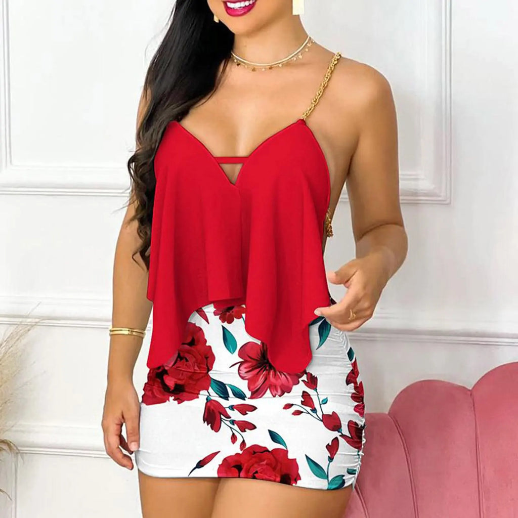 Womens Dresses Summer Fashion Floral Print Asymmetrical Chain Strap Sexy Backless V-Neck Sleeveless Bodycon Mini Dress Sets 2025