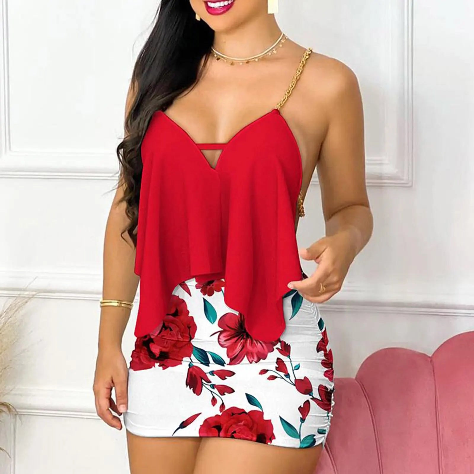 Womens Dresses Summer Fashion Floral Print Asymmetrical Chain Strap Sexy Backless V-Neck Sleeveless Bodycon Mini Dress Sets 2025