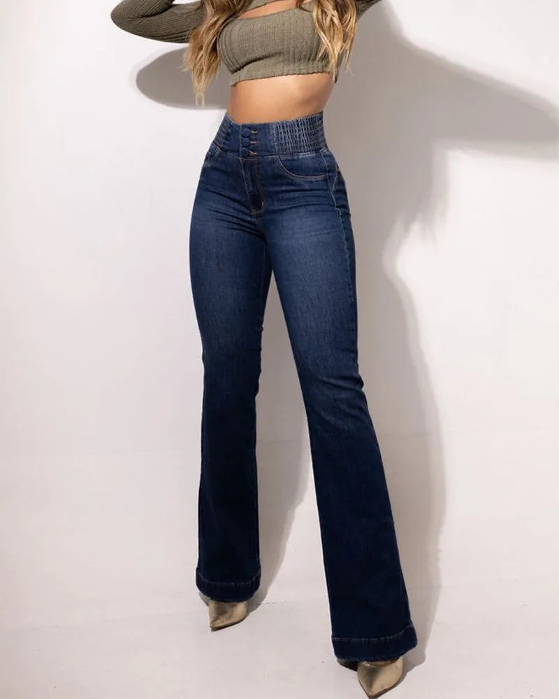 Retro Elastic High-Waist Jeans Slim Bootcut Butt-Lifting Tummy Control Curvy-Friendly Denim Trousers