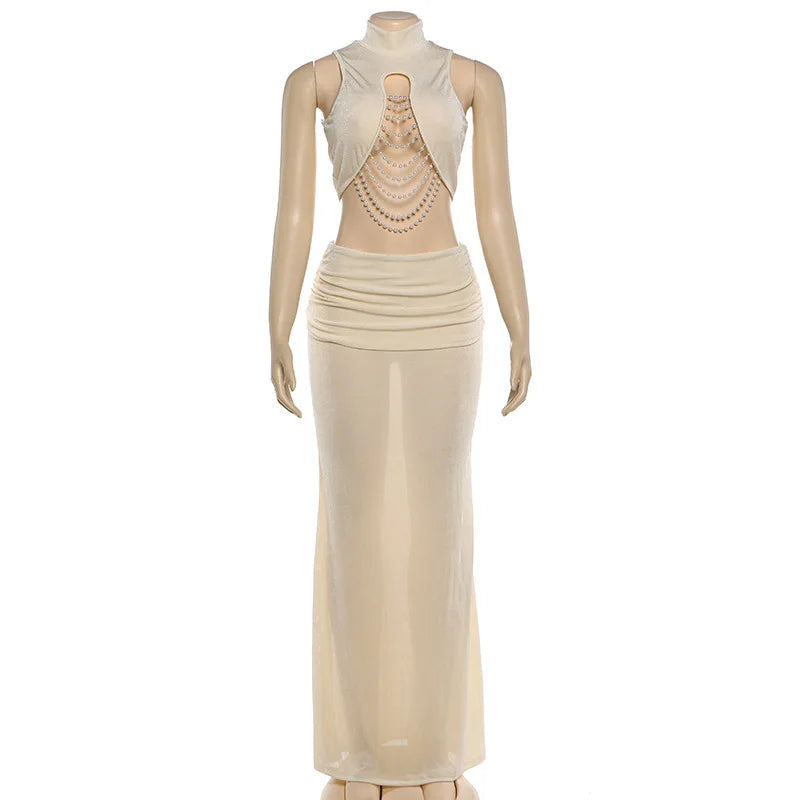 Elegant Banquet 2 Piece Set Women Sexy Bead Patchwork Turtleneck Tank Top+Ruched Mesh Hem Skirts Chic Party Clubwear