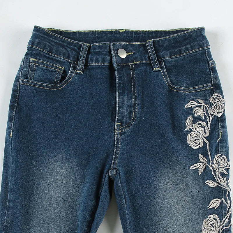 Denim Trousers Y2K Flare Pants Jeans Women Embroidery Boot Cut Low Waist Washed Distressed Pockets Floor Length Streetwear