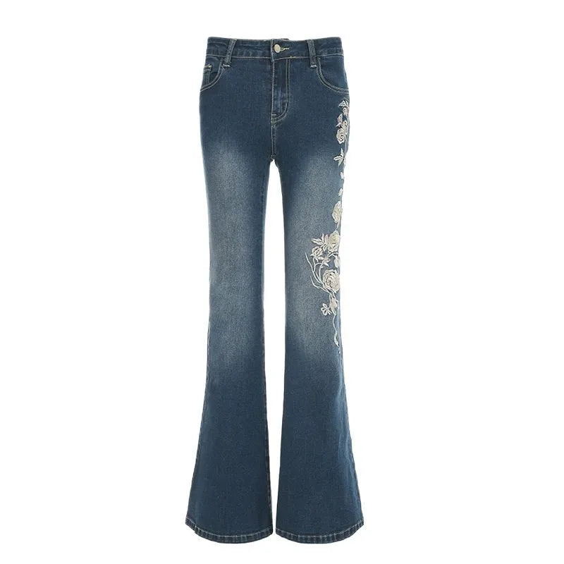 Denim Trousers Y2K Flare Pants Jeans Women Embroidery Boot Cut Low Waist Washed Distressed Pockets Floor Length Streetwear