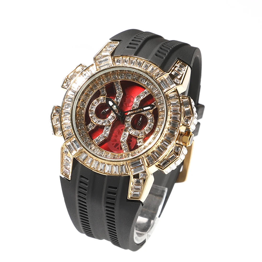 Iced Out Round Quartz Watch For Men Stainless Steel Sports Waterproof Type Fashion Red Dial Plate Anniversary Gift