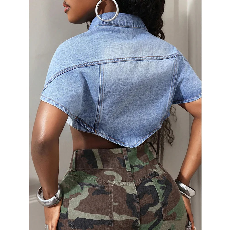 Benuynffy Batwing Sleeve Crop Denim Jacket Women's Summer Vintage Single Breasted Casual Streetwear 2000s Female Jeans Top
