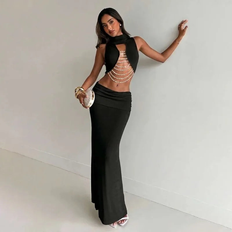 Elegant Banquet 2 Piece Set Women Sexy Bead Patchwork Turtleneck Tank Top+Ruched Mesh Hem Skirts Chic Party Clubwear